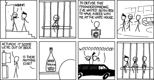 This strip is based on the &ldquo;beer summit&rdquo; in which President Obama chose to have a beer with&nbsp;Henry Louis Gates Jr. and the police officer who arrested him so they could work out their racially charged differences. It starts out with Mr. Gates being arrested and placed in a jail cell. Mr. Obama then announces his intention to work things out with the men over beer. This is all based on real events.
However, in the strip, there is no beer available to drink at the White House, and they instead drink tequila because it was the only alcoholic beverage in the cupboard. The tequila causes all three men to behave erratically and get arrested, ending with all of them in jail. It is implied that while it is possible to drink beer responsibly, tequila will cause even the President of the United States to become so intoxicated he&rsquo;ll be thrown in jail.
The target audience will relate to this strip because they&rsquo;ve presumably gotten wasted on tequila on many occasions.