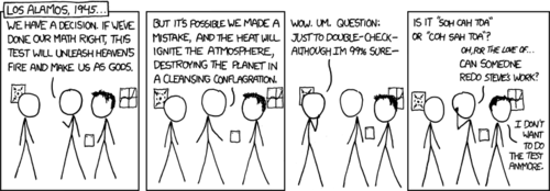 For those of you who are unaware of the Los Alamos National Laboratory (possibly due to a lack of feigned-interest in the sciences), it is a very large, multidisciplinary technology and science research center in New Mexico.
The Author is telling a joke about a man who works in Los Alamos and is also not very good at science. The man is making grandiose, possibly devastating plans when it is revealed that he does not have knowledge of the most basic trigonometry (a mnemonic for remembering the properties of a triangle). &nbsp;
In humor, this device is called “absurdism” and can sometimes make people laugh.&nbsp;
