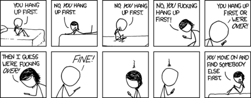 I… okay. Okay… here we go. I can do this.
Here we see.. Okay.&nbsp;Here we see a male and a female attempting to end a phone conversation of the cliched &ldquo;so in love neither one of them wants to be the first to hang up&rdquo; variety. This kind of conversation can only happen between a female and a severely emasculated male (the Author), since in his mind he should be mimicking the female&rsquo;s actions in order to please her. Essentially, he becomes a female and causes a deadlock of emotional neediness.
In addition, you will notice that the female character in this comic strip is the one to escalate the argument, with the male simply matching her aggression level in turn. This aggression, mixed with the emotional neediness from before and a lack of confidence, leads to the two people &ldquo;breaking up&rdquo; but continuing to stay on the phone with each other. This kind of breakup could only happen between two people with the emotional maturity of 14 year olds.