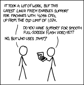 This strip pokes fun at stereotypical Linux users for having a different set of computing priorities than most people. In this case, the Linux user places the ability of his computer to have many more central processing units than necessary over being able to watch funny videos on YouTube, which is something &ldquo;normal&rdquo; people would want. It is implied that Linux users are abnormal. Many readers of this strip are presumably Linux users and will find this humorous because they themselves would consider themselves more advanced than &ldquo;normal&rdquo; people when it comes to computing.