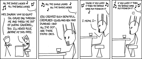 In this installment of the popular web comic, the Author returns to the traditional format by including something that is easily recognizable as a joke.&nbsp; As is standard practice, we are treated to a combination of a geek culture character (Sauron, of Lord of the Rings), in a humorously improbable real-life situation (lamenting his lot in life while drinking in a bar), and a pop-culture reference (the song &ldquo;All the Single Ladies&rdquo; by Beyonce Knowles).
Having enumerated the advantages enjoyed by humans (attractive), elves (attractive), and dwarves (attractive when you are drunk), and expressing his dissatisfaction at being stuck with orcs (hideous),&nbsp;Sauron is struck with the solution to his dilemma when Ms. Knowles reaches the chorus of her hit song: he will &lsquo;put a ring on it&rsquo;. &nbsp;The juxtaposition of the song&rsquo;s intended meaning of an engagement ring with the intended meaning for Sauron of rings of power to subjugate the races of Middle Earth delivers our well-earned punchline.
Thus, the Author humorously reveals the image he holds of himself as a lonely, mask wearing embodiment of evil plotting the enslavement of the beautiful creatures of the world who he views as his betters: humans, elves, and dwarves in Lord of the Rings - women in reality.