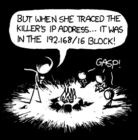 Today, like so many other days, part of a well-known clich&eacute; has been substituted with a piece of geek culture.
The&nbsp;clich&eacute; in this case is the &ldquo;killer calling from inside the house&rdquo;, based off of the 1979 film When a Stranger Calls. Except instead of the killer&rsquo;s phone calls being traced to inside the house, it is his IP address that is traced to the 192.168/16 block - the block generally reserved for the local (e.g. household) network.&nbsp;