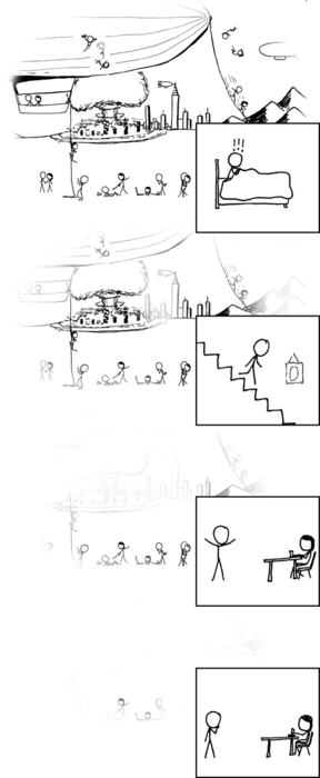 This strip makes the observation that it is extremely difficult to remember vivid dreams and explain them to others. In the first frame, the dreamer has just woken up and the startling details of his dream are still fresh in his mind. As he descends the stairs to tell his girlfriend what he has just experienced, the reader can begin to see the details of his dream begin to fade away. By the time he is speaking to his girlfriend, the pertinent details are all but gone from his memory forever.
The act of remembering your dreams is called dream recall, which is a skill that can be honed like any other. If the main character wanted to better remember his dreams, he could engage in practices such as keeping a dream journal or the use of the&nbsp;calea zacatechichi herb.