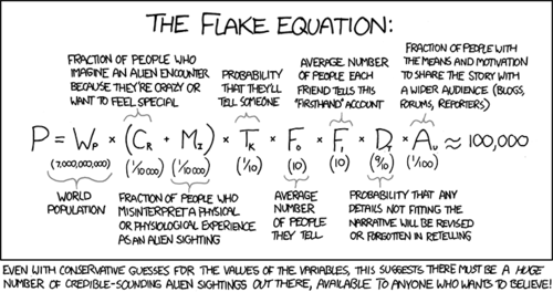Today’s comic revolves around a fictitious and humorous equation, “The Flake Equation.” The name is, of course, a pun on the famous Drake Equation - an equation created by Frank Drake in the early ’60s that attempts to produce the number of extraterrestrial civilizations in the Milky Way with which contact may be possible.
While the real equation contains a mixture of hypothesized numbers and probabilities about the science of our galaxy, the Author’s comical version uses seemingly arbitrary numbers and probabilities about the people who claim to have seen an alien.&nbsp;
The joke here is that the if Drake Equation attempts to find how many alien civilizations we may actually contact, why not just use the “Flake” equation to find the number of humans who may at some point claim to have made such contact? (since it’s the same thing)