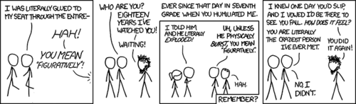 The Author has created another hypothetical situation in an attempt to derive humor from an impractical situation based off of a clich&eacute;. In this case, the&nbsp;clich&eacute; is the common misuse of the word “literally,” and the impractical situation is a man waiting 18 years to retaliate against being embarrassed over this&nbsp;clich&eacute;.
Other things you may be able to derive humor from in this strip:

The crazy man’s hair and beard are very long and unruly.
In the last panel, the crazy man believes that the non-crazy man has once again misused the term “literally.” But, as it turns out, he actually meant that the crazy man was the craziest person he had met.
The whole situation is pretty “wacky.”
