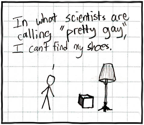 A man is alone in a room, talking to himself. He is saying it is &ldquo;pretty gay&rdquo; that he cannot find his shoes.
This strip employs&nbsp;clich&eacute;.