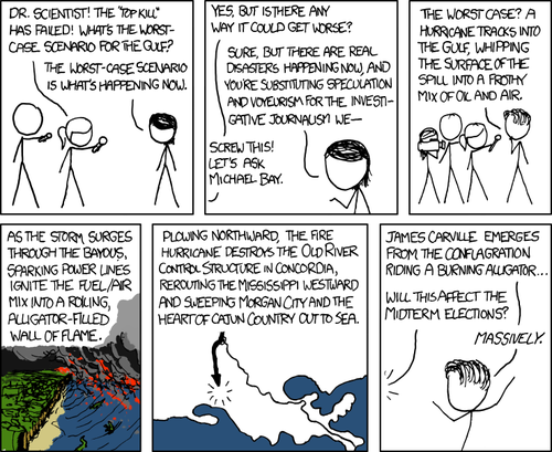 Always topical, the Author introduces the strip with two reporters asking an intelligent female scientist (humorously named Dr. Scientist) for comments on the current ecological disaster the BP oil spill in the gulf has caused, and what the latest worst case scenario could be now that the top kill solution has failed. Dr. Scientist replies that we are already living the worst case scenario. Revisiting a common thread throughout the run of this comic, the female of superior intellect is roundly dismissed as the reporters press on in their pursuit of &ldquo;if it bleeds, it leads&rdquo; journalism, hoping for an even worse possible future than what we are currently experiencing in order to scare people into consuming their media. This sends Dr. Scientist into a reasoned&mdash;albeit accusatory&mdash;response that bluntly comments on the tendency of the media to seek out titillating headlines and stories rather than acting as responsible journalists; a more attractive option than putting in the time and effort to investigate the situation at hand in a sober, impartial manner. Of course, this this is all just a set up by the Author signaling that the time has come to cut to the Dumb Male Character&hellip; the Audience is treated to another special guest appearance from the Author&rsquo;s go-to whipping boy, Michael Bay, reprising his famously stereotyped role as a testosterone-filled alpha male with flowing unkempt hair&mdash;the perfect archetype of everything the Author despises in a man.

Predictably, the Author&rsquo;s depiction of Michael Bay immediately begins to spout off an extreme and outlandish scenario in which&hellip; well, it doesn&rsquo;t really matter what he came up with. Unfathomable natural disasters, scientifically impossible scenarios, absurdist humor, a dash of political intrigue thrown in for good measure, etc. In reality, the remaining frames exist purely to demonstrate the cultural and intellectual inferiority the Author views in the typical American alpha male stereotype, and the disdain he has for the plebeian average American who holds these people and their brand of entertainment in high regard. The Author is well aware that the audience of the Comic feels the same way, harkening back to their high school days when the Michael Bays of their campus were busy telling loud stories and getting lots of laughs from throngs of adoring boys and girls in the lunch time quad. The Author and Audience always knew, however, that one day their time would come when they&rsquo;d be able to exact their revenge upon all of these types of extremely popular and successful men in the form of a biting commentary within a crudely drawn comic strip on the internet.